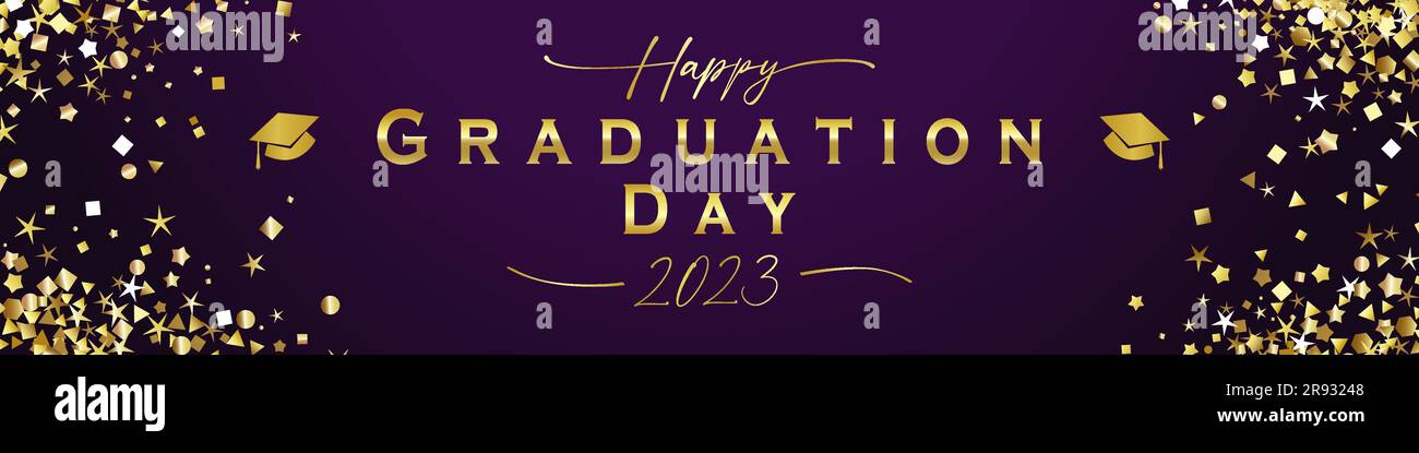 Happy Graduation Day 2023 horizontal banner. Holiday decoration design with glittering gold elements. Prom ribbon concept. Creative modern graphic Stock Vector