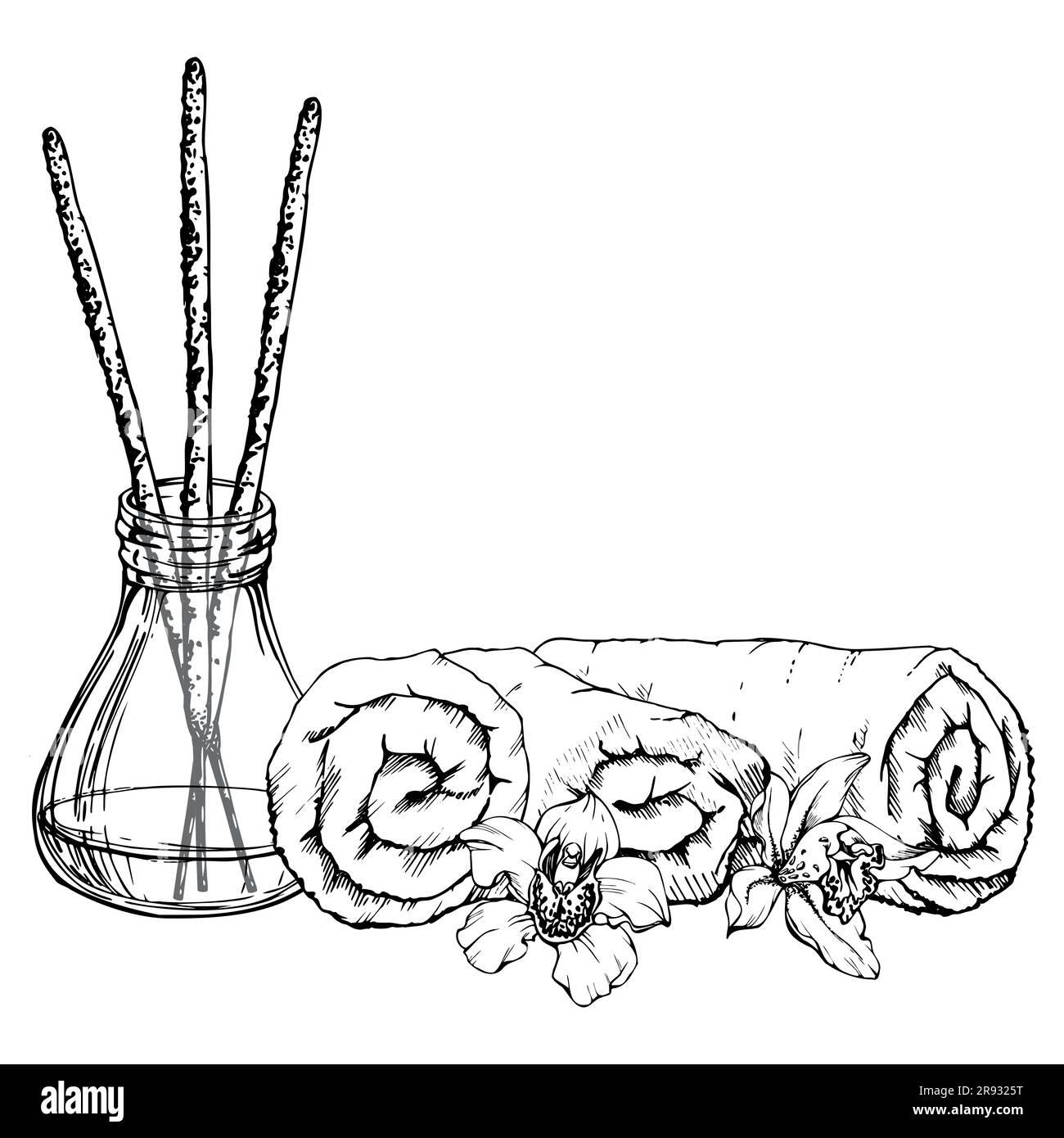 Hand drawn vector ink spa skincare towels bath beauty products package