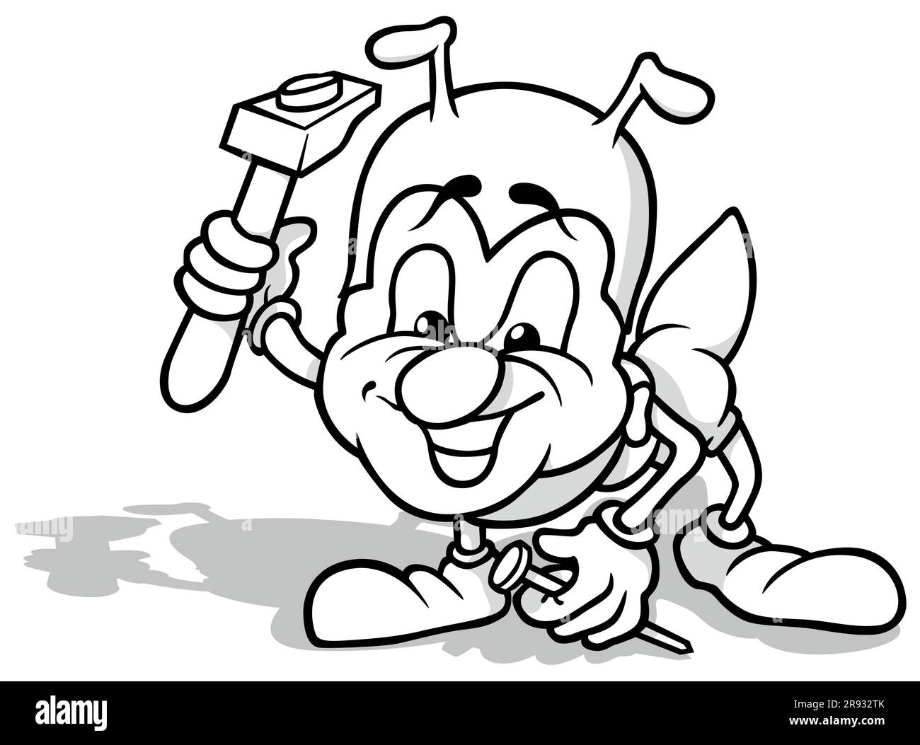 Drawing of a Smiling Ant with a Hammer and a Nail Stock Vector