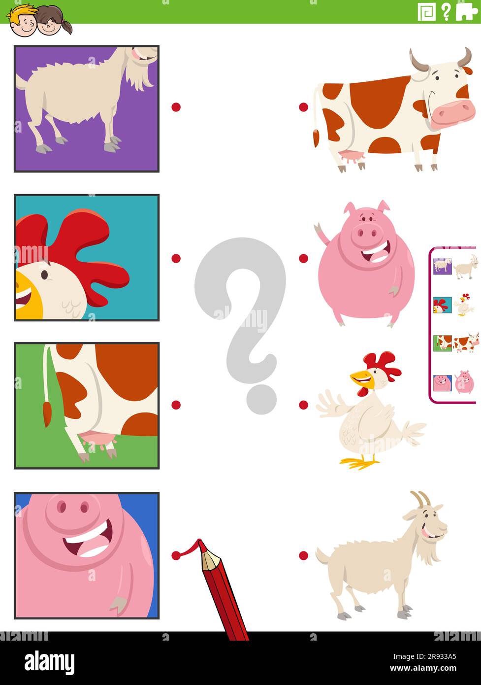 Cartoon illustration of educational matching game with farm animals and ...