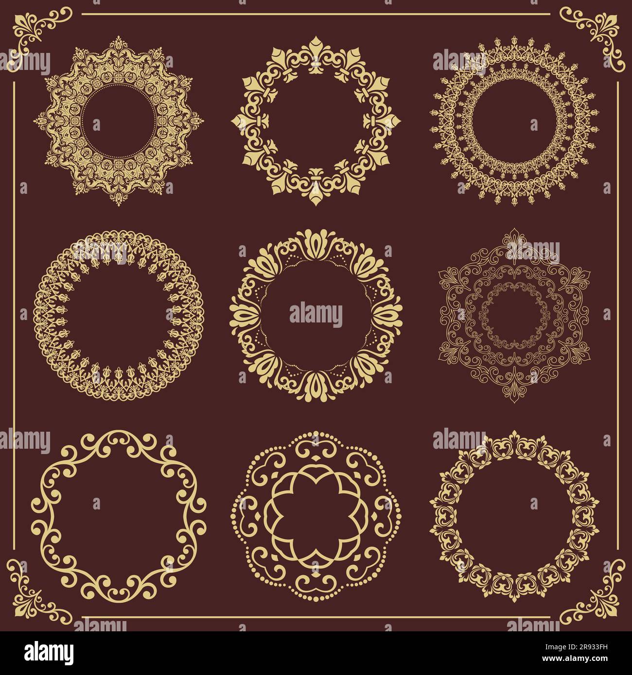 Vintage set of vector round elements. Golden elements for design frames ...