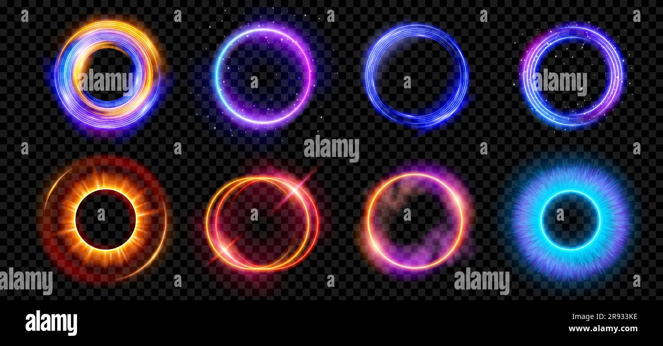 Optical halo flares with neon light vector effect set isolated on transparent background. Circle lens ring with glitter 3d digital design. Radiant speed motion design. Magic energy vortex with spark Stock Vector