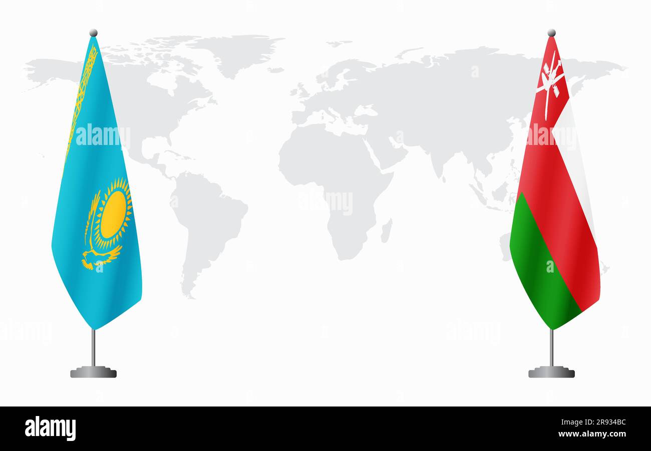 Kazakhstan and Oman flags for official meeting against background of world map. Stock Vector