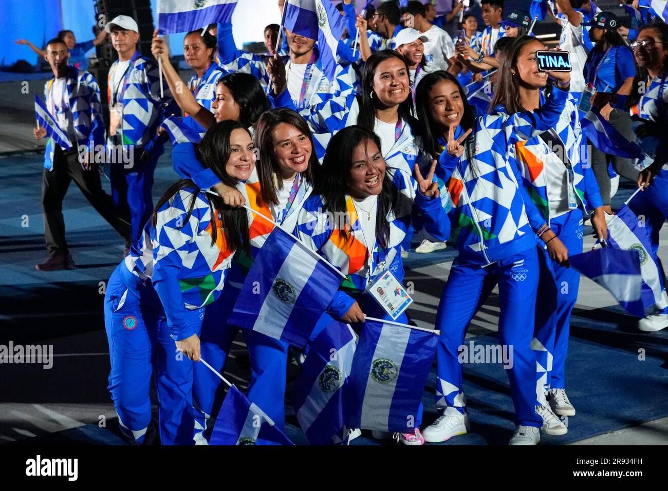 El Salvador athletes poses for photos during the opening ceremony of