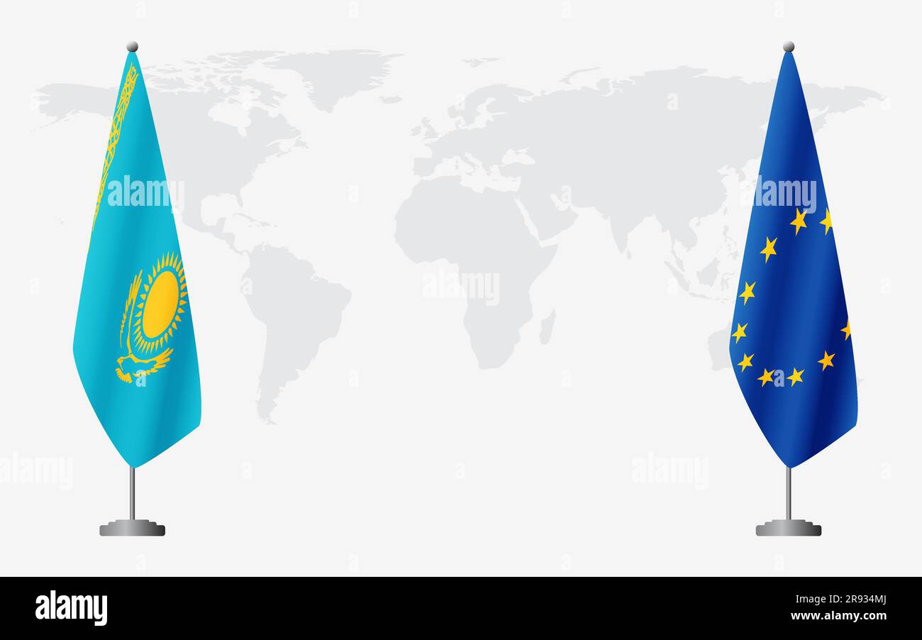 Kazakhstan and European Union flags for official meeting against