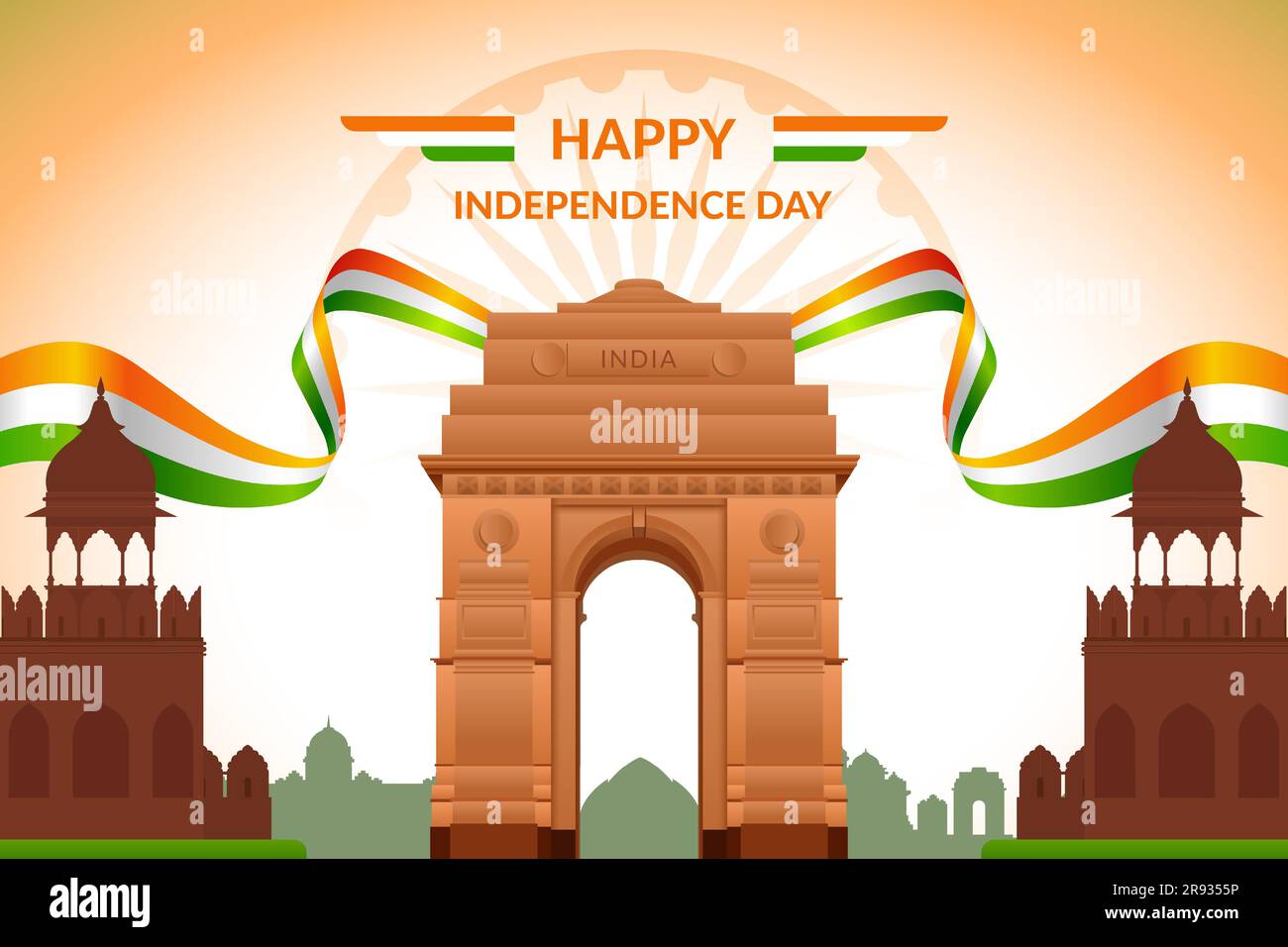 Independence day of India greeting with India Gate and Tricolor background. 15th August template for website and social media. Stock Vector
