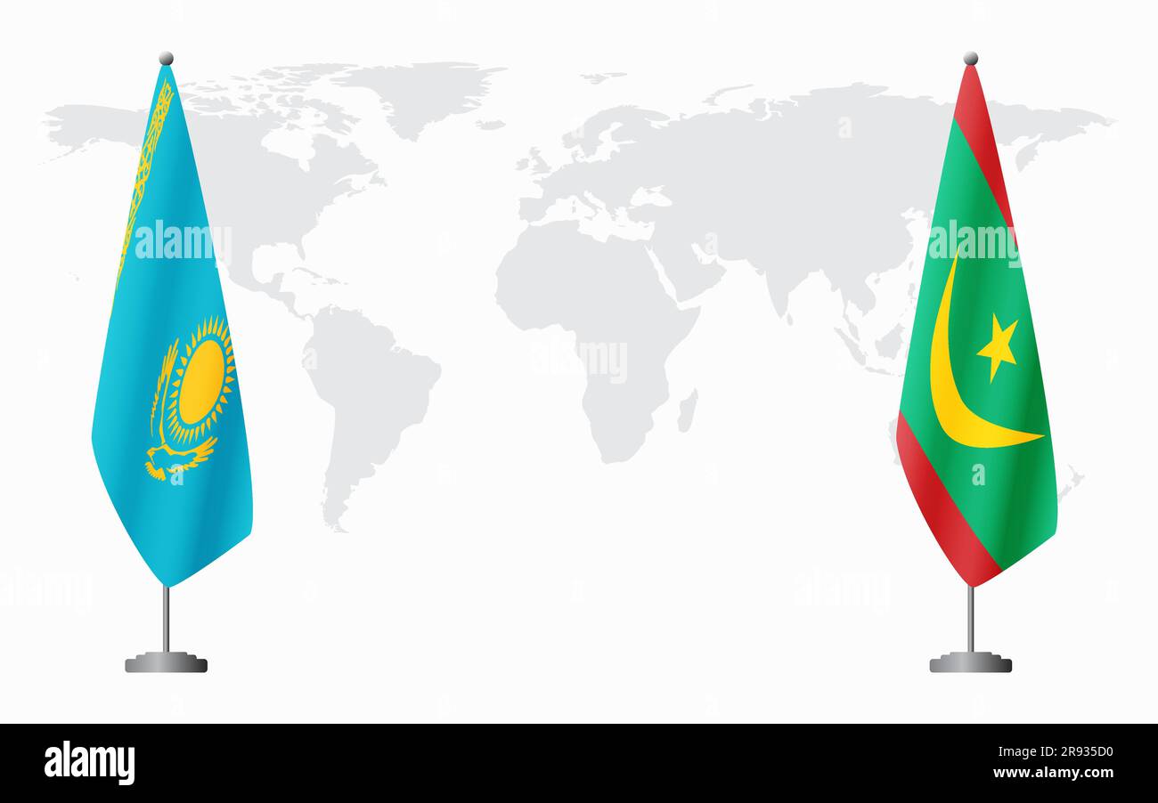 Kazakhstan and Mauritania flags for official meeting against background of world map. Stock Vector