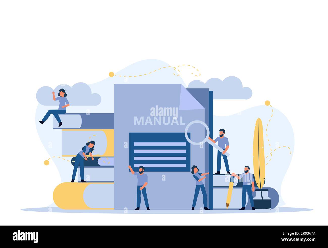 Man and woman create document book manual. Business handbook advice content vector. Online web paper digital illustration article journalism. Social m Stock Vector