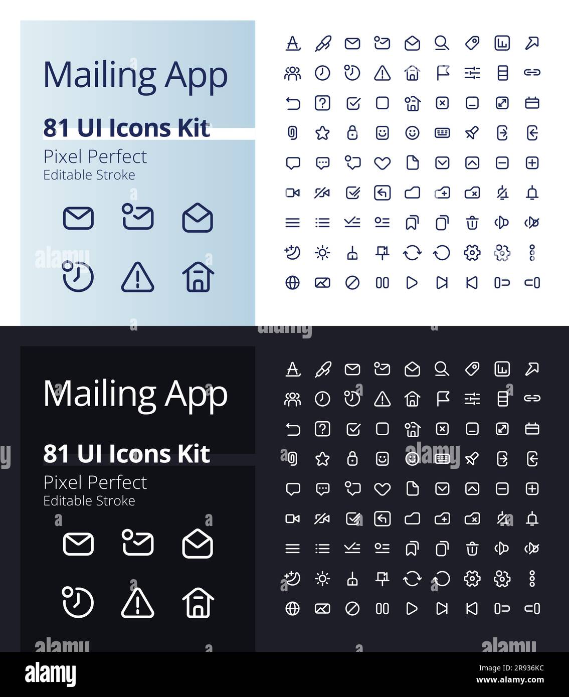 Mailing app pixel perfect linear ui icons kit for dark, light mode Stock Vector