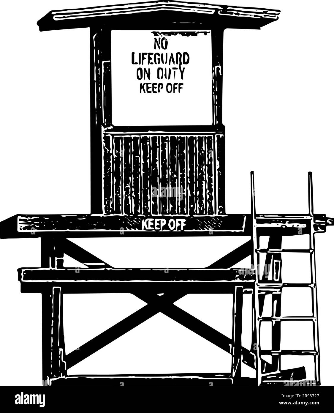 Lifeguard station with No lifeguard on duty, keep off sign illustration in black, isolated Stock Vector