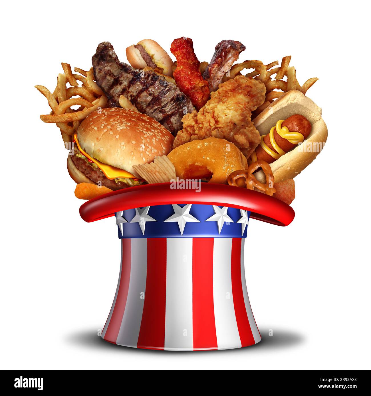 Fourth of july food and Independence Day summer cookout in the United States celebration with the American flag hat and US Holiday in the USA as a 3D Stock Photo