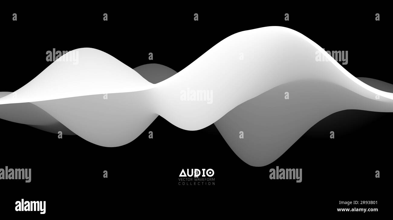 Sound wave visualiztion. 3D black and white solid waveform. Voice sample pattern. Stock Vector