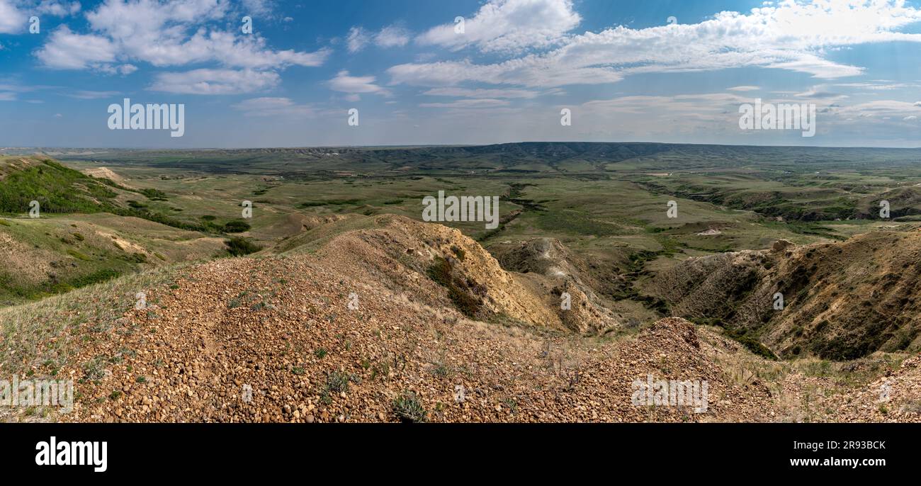 A panoramic view of the Frenchman River Valley from Jones’ Peak between Ravenscrag and Eastend, SK Stock Photo