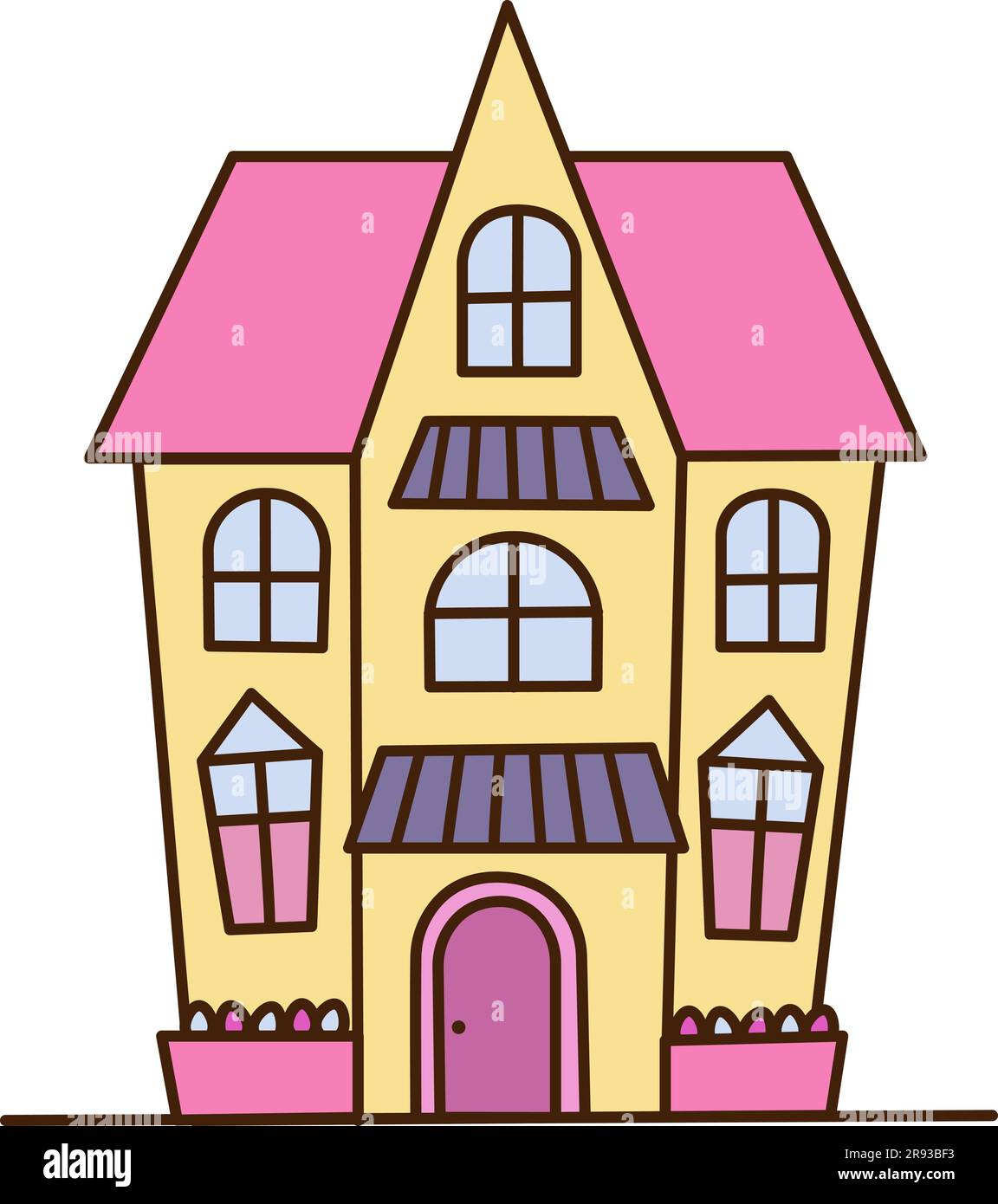 Vector cartoon bright pink and yellow house. Cute building. Child town illustration. Your sweet home. Stock Vector