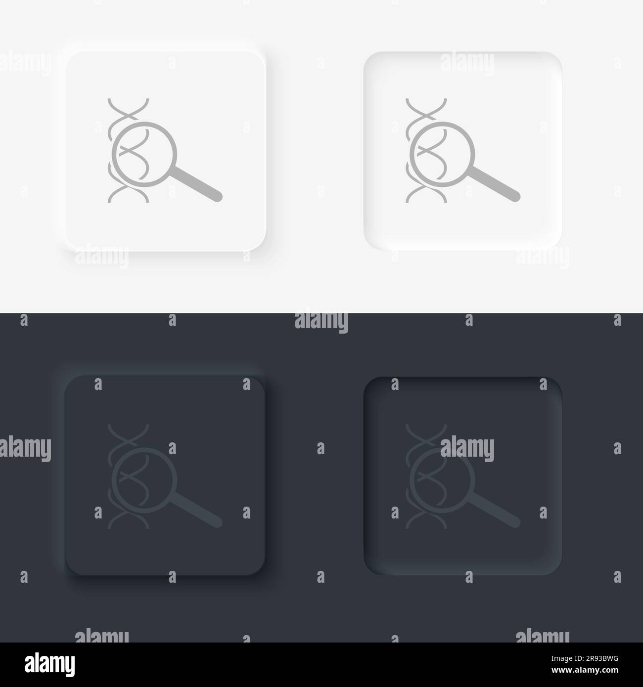 Dna, magnifier, neomorphism style, vector icon with button Stock Vector