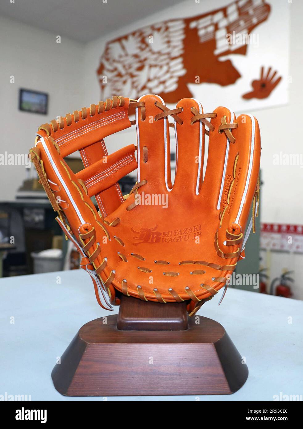 Photo taken on May 4, 2023, in Miyazaki Prefecture shows a baseball glove made from wagyu cattle