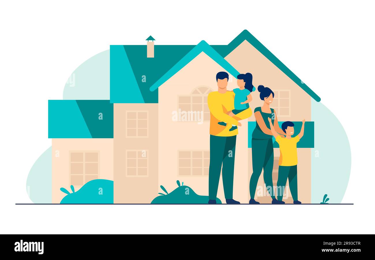 Happy family standing together in front of house Stock Vector Image ...