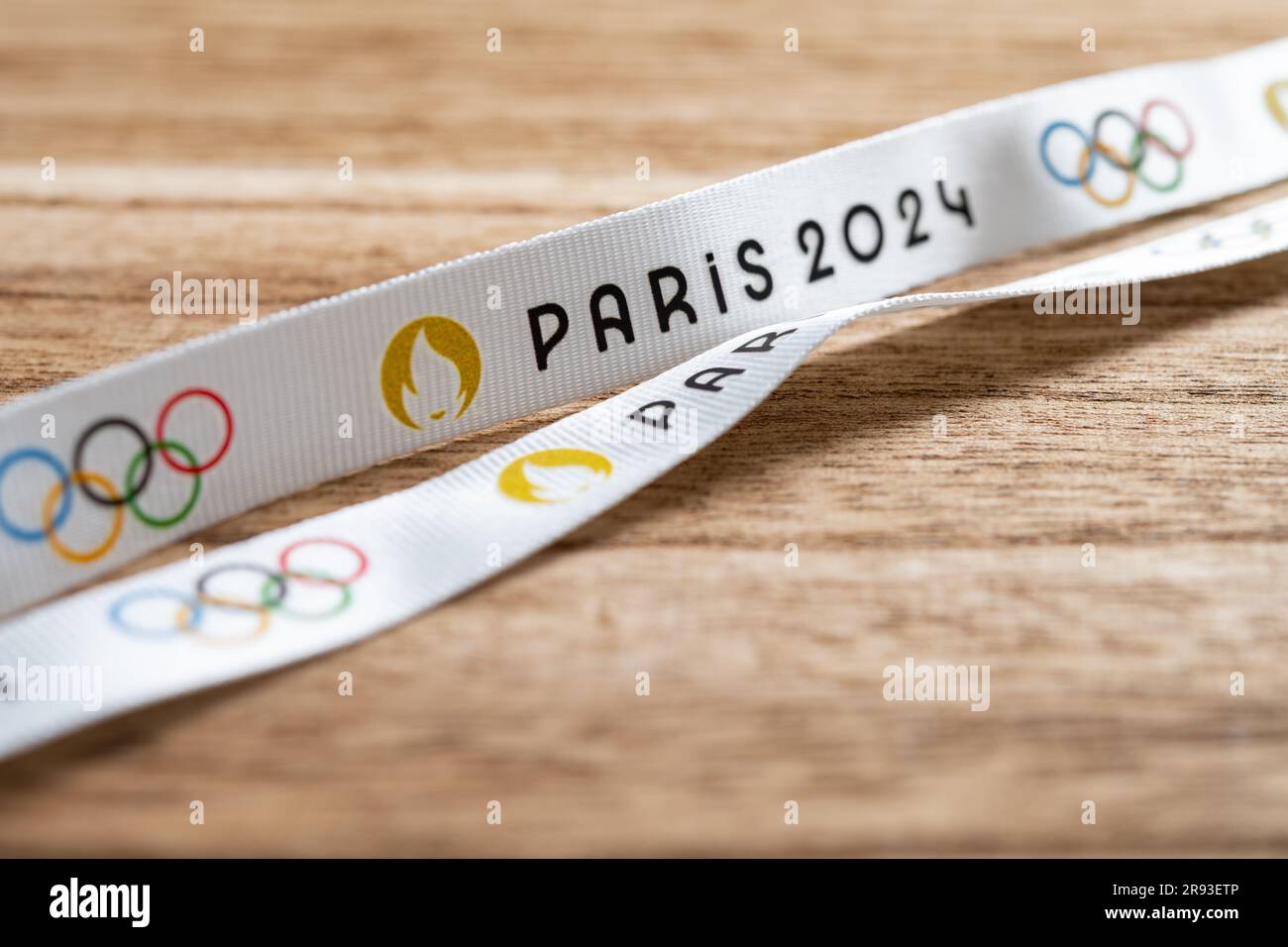 ZHONGSHAN China-June 21,2023:strap printed with Paris Olympic Games 2024 logo. Stock Photo