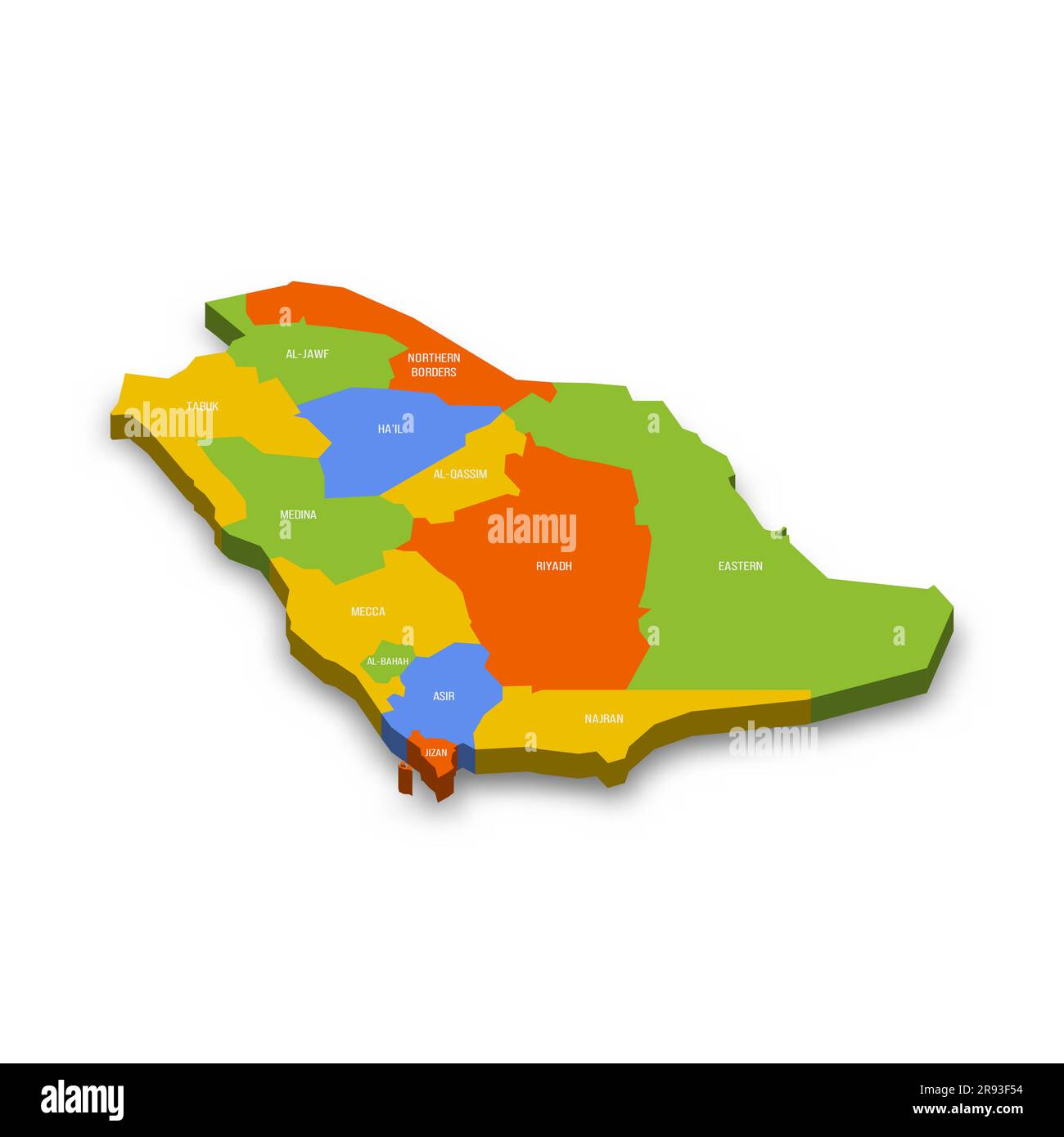 Saudi Arabia political map of administrative divisions - provinces or regions. Colorful 3D vector map with country province names and dropped shadow. Stock Vector