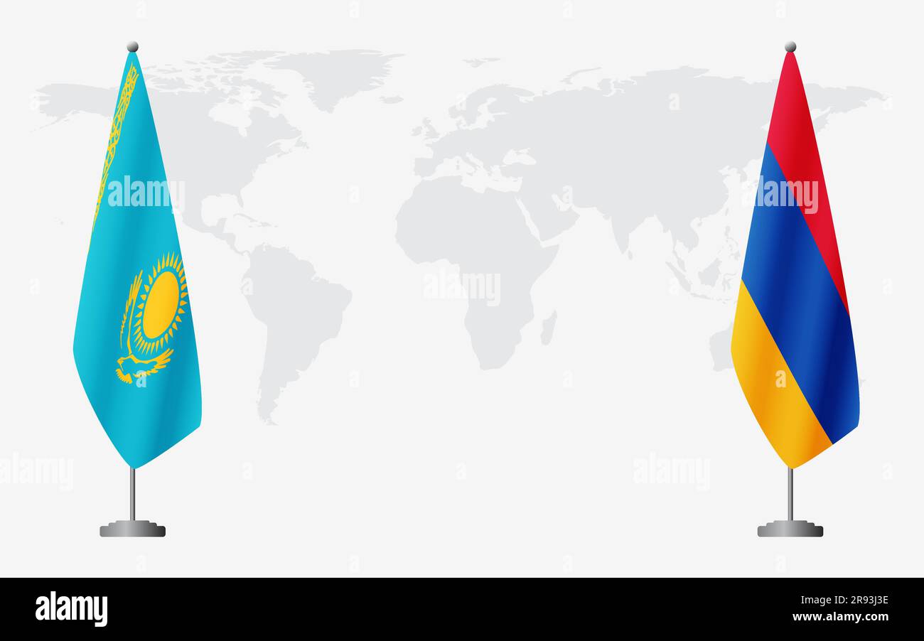 Kazakhstan and Armenia flags for official meeting against background of world map. Stock Vector