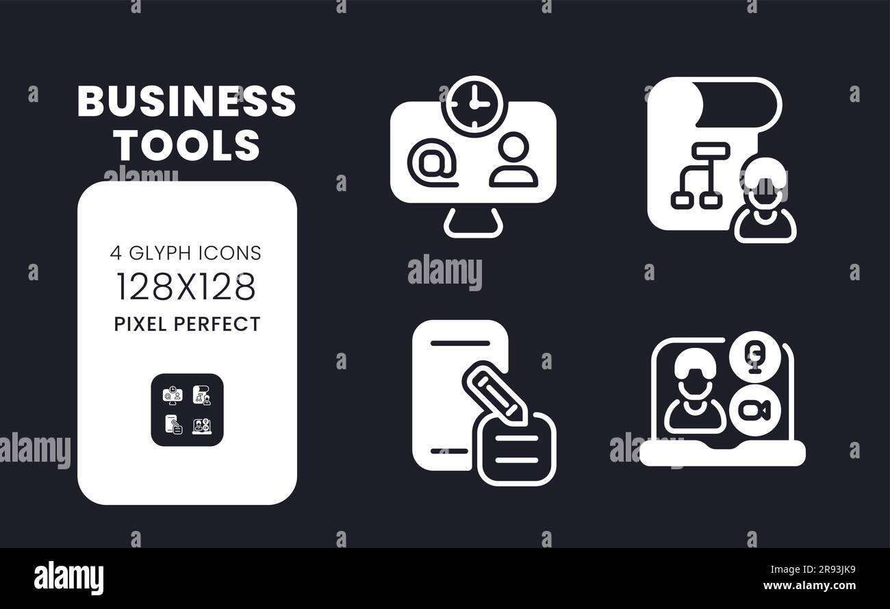 Business tools white solid desktop icons set Stock Vector