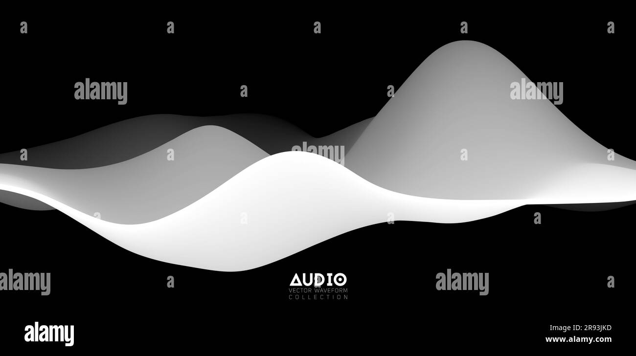 Sound wave visualiztion. 3D black and white solid waveform. Voice sample pattern. Stock Vector