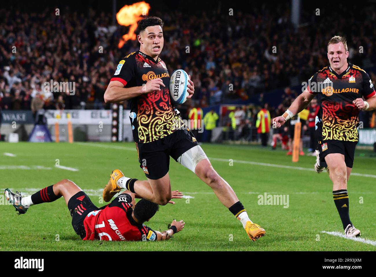 Shaun Stevenson of the Chiefs runs in to score a try during the Super Rugby Pacific final between the Chiefs and the Crusaders in Hamilton, New Zealand, Saturday, June 24, 2023