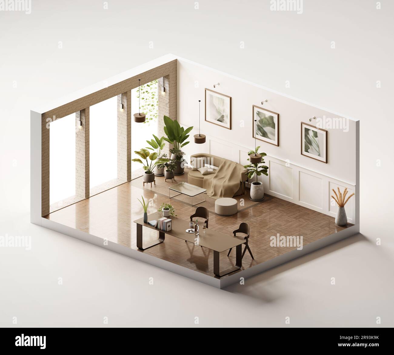 Isometric view living room muji style open inside interior architecture ...