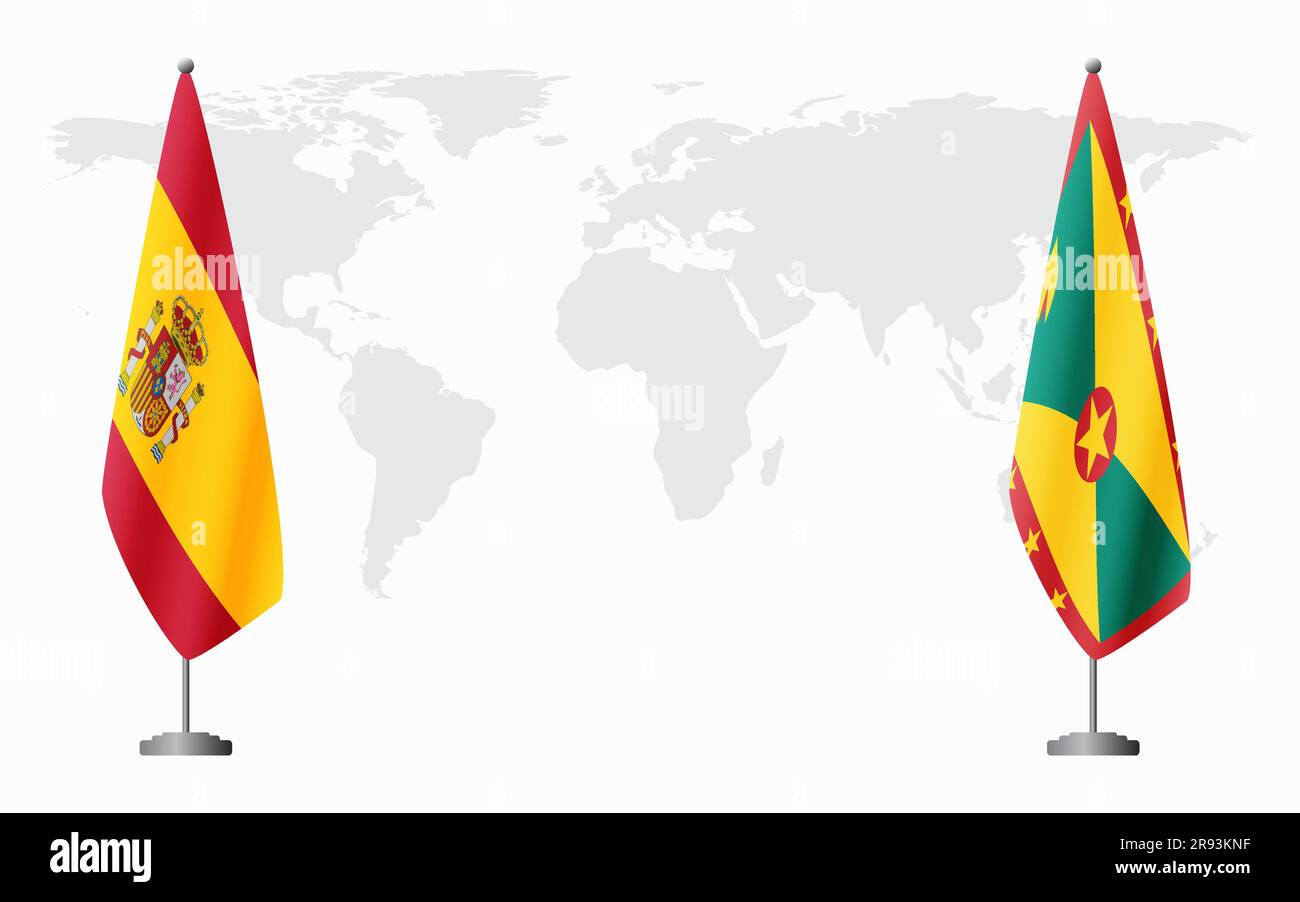 Spain and Grenada flags for official meeting against background of world map. Stock Vector