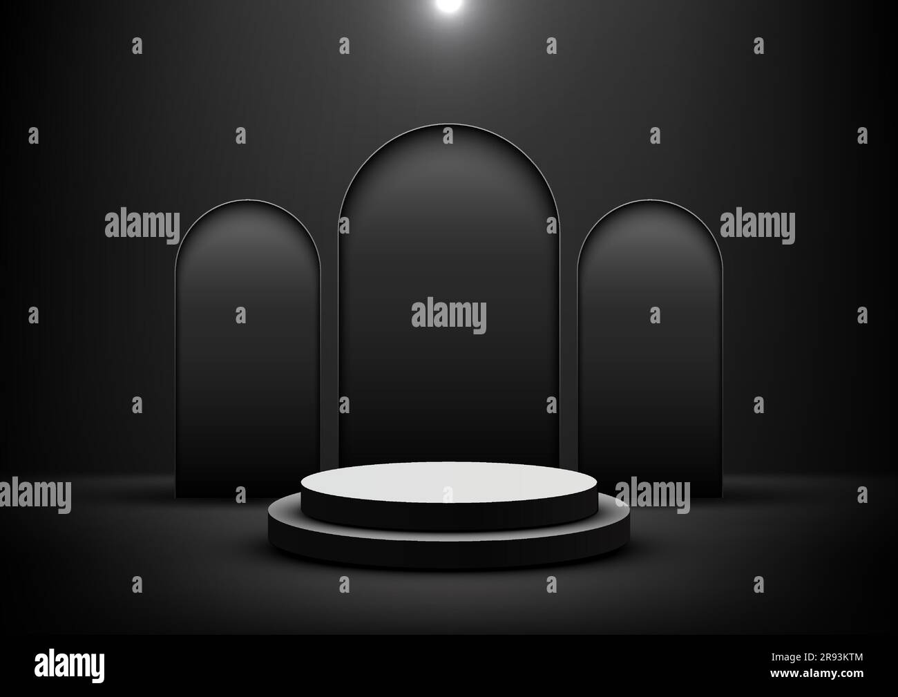 3D realistic empty black and white podium stand with door on dark