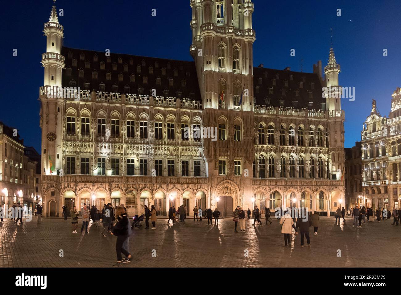 Brabantine Gothic Hotel de Ville de Bruxelles / Stadhuis van Brussel (Brussels Town Hall) built 1402 to 1454 designed by Jacob van Thienen and Jan van Stock Photo