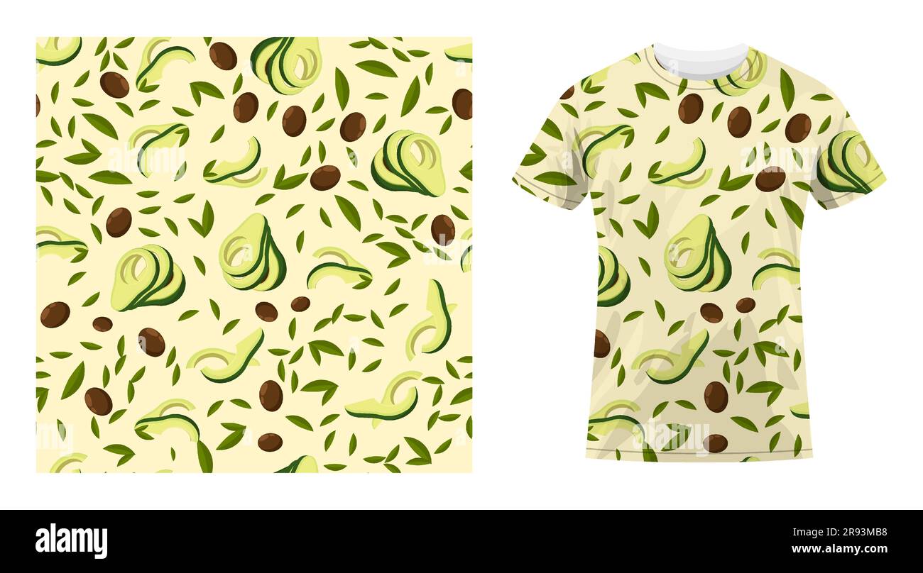 Short sleeved cotton sports t shirt decorated Avocado fruit pattern with leaves and seeds. Avocado wedges and slices. Comfortable summer clothes. Vect Stock Vector
