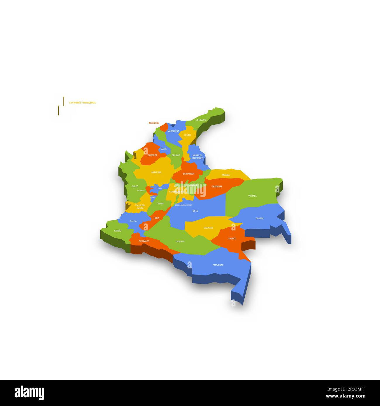 Colombia political map of administrative divisions - departments and capital district. Colorful 3D vector map with country province names and dropped shadow. Stock Vector
