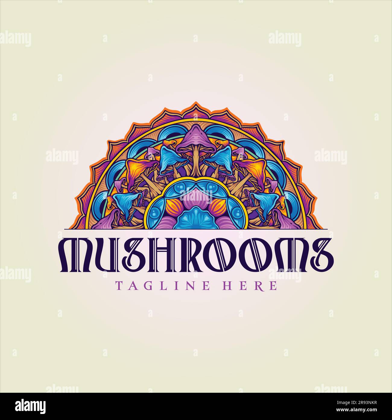 Intricate half mandala design featuring trippy mushrooms illustrations vector illustrations for your work logo, merchandise t-shirt, stickers and labe Stock Vector