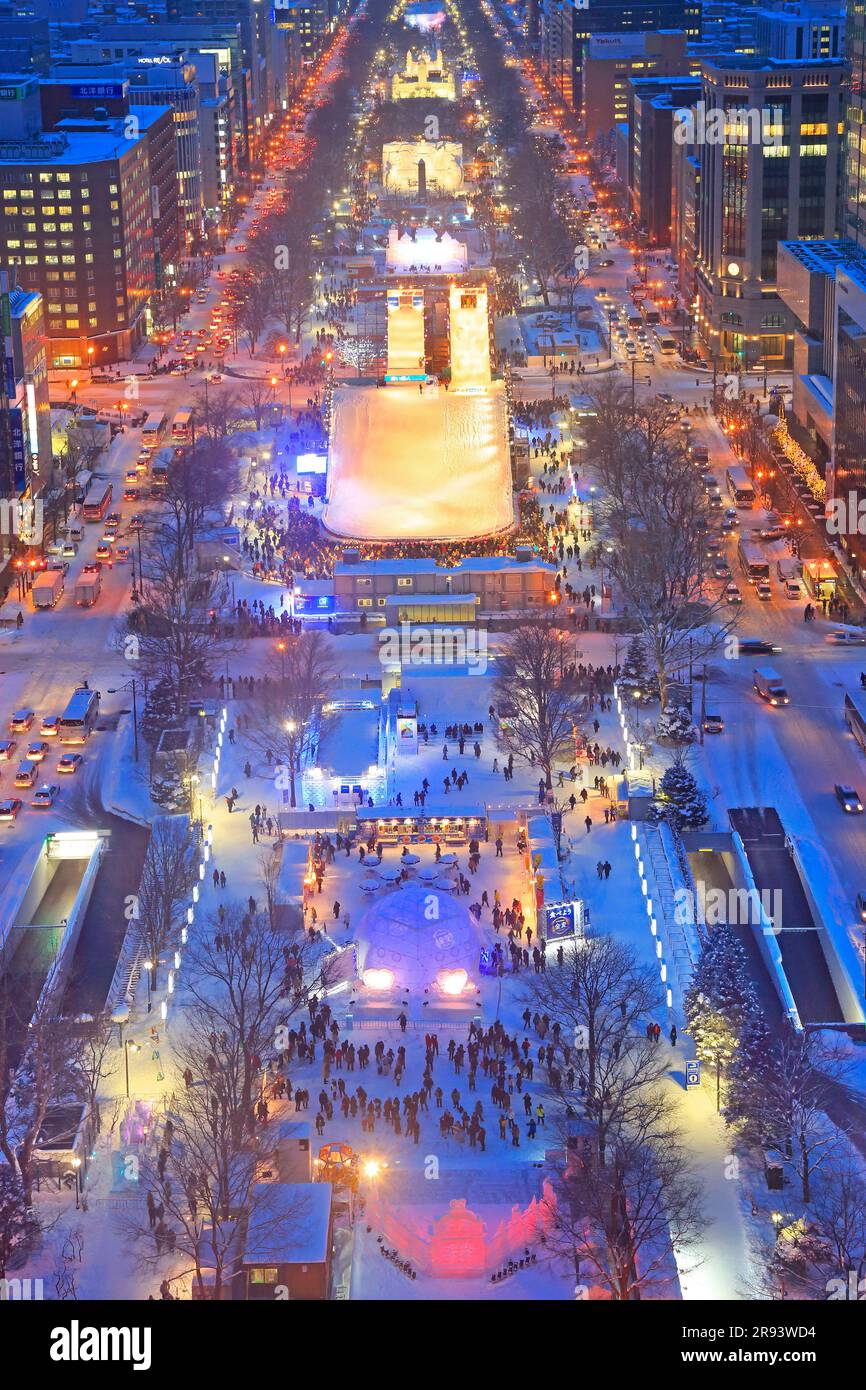 Night scene of Sapporo Snow Festival in Odori Park seen from the TV