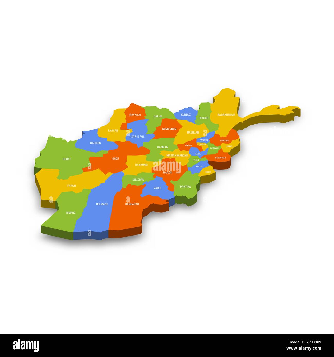 Afghanistan political map of administrative divisions provinces. Colorful 3D vector map with