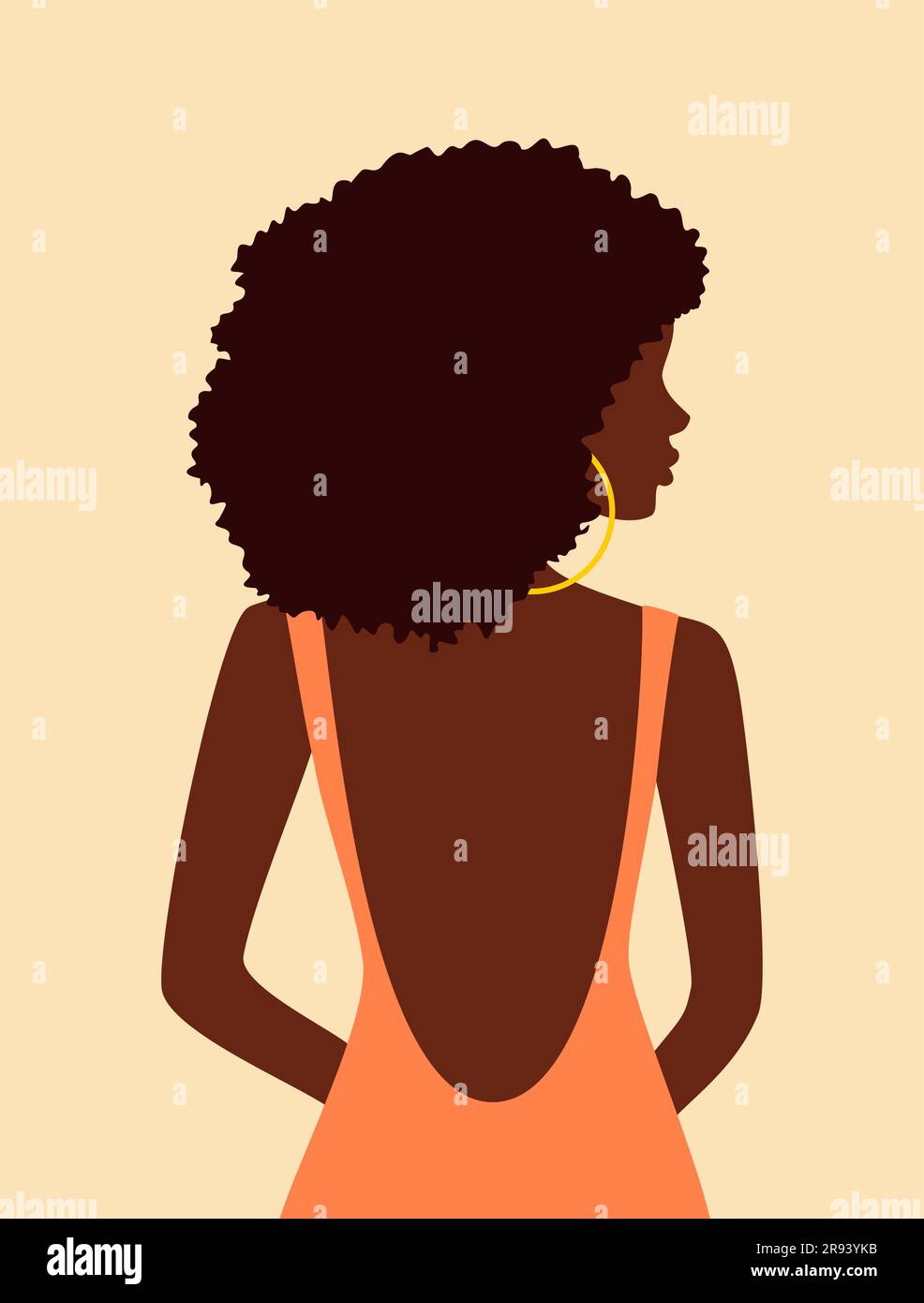 Beautiful african woman with curly hair in peach dress with open back looking over her shoulder Stock Vector