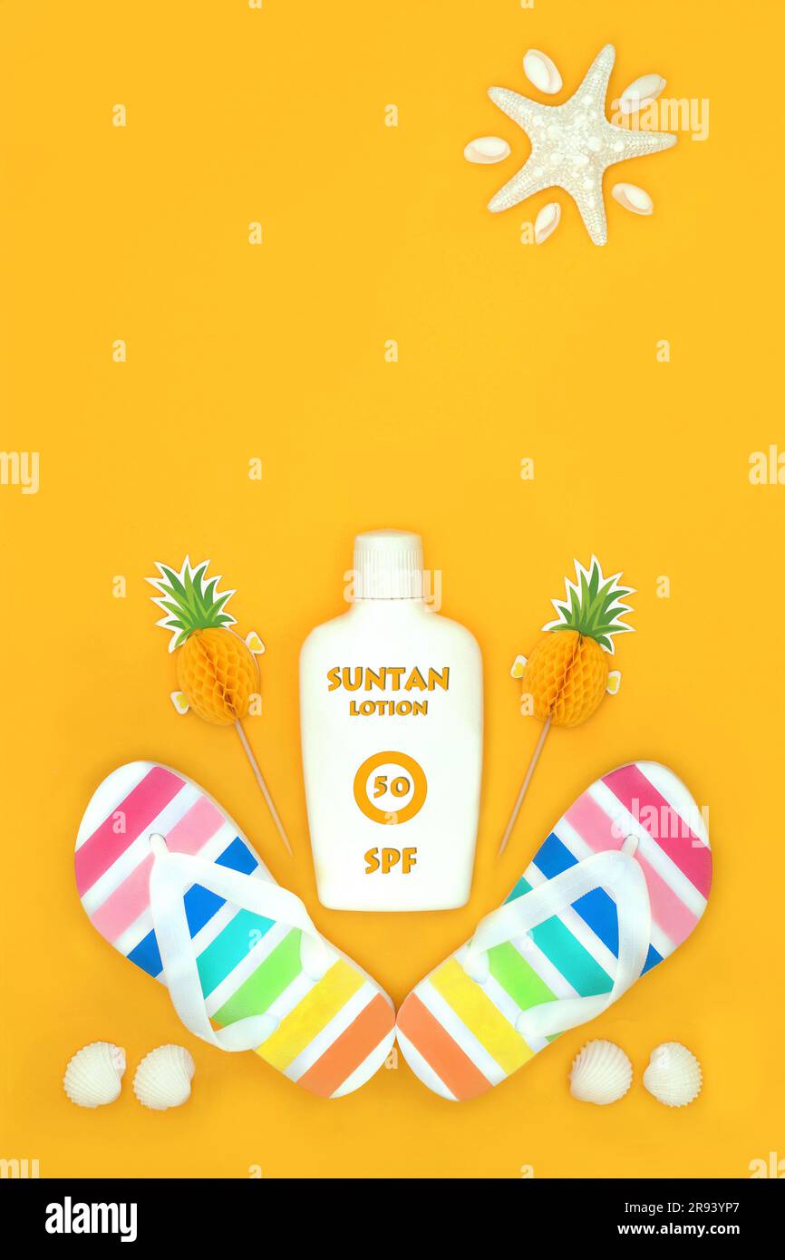 Fun and safety in the sun concept with summer beach accessories with