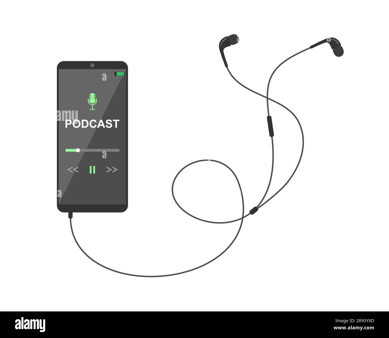 Mobile smartphone with podcast app on screen and earphones on white