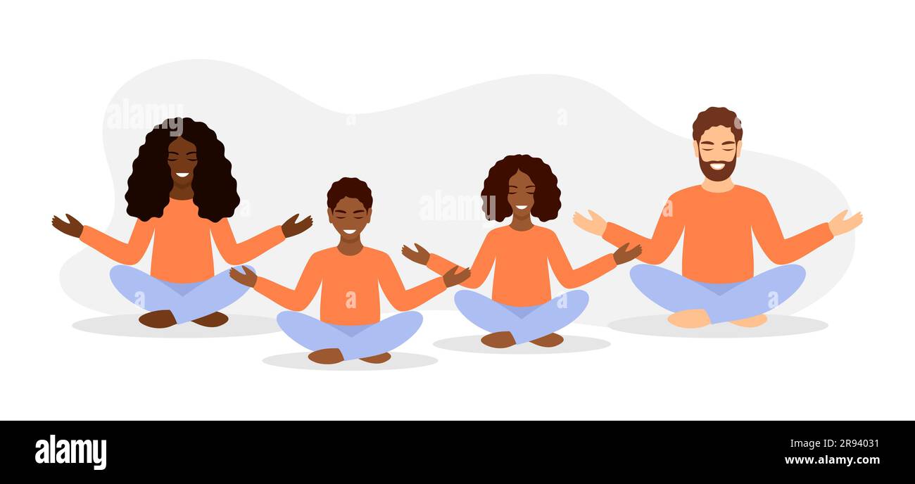 Multinational family in casual clothes meditates together in the lotus position. Vector illustration in flat style Stock Vector