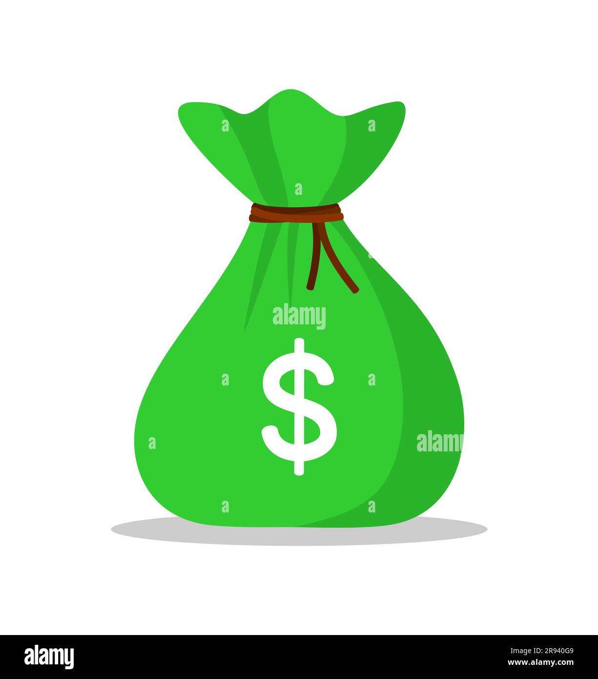 Green money bag with brown rope and white dollar sign isolated on white ...