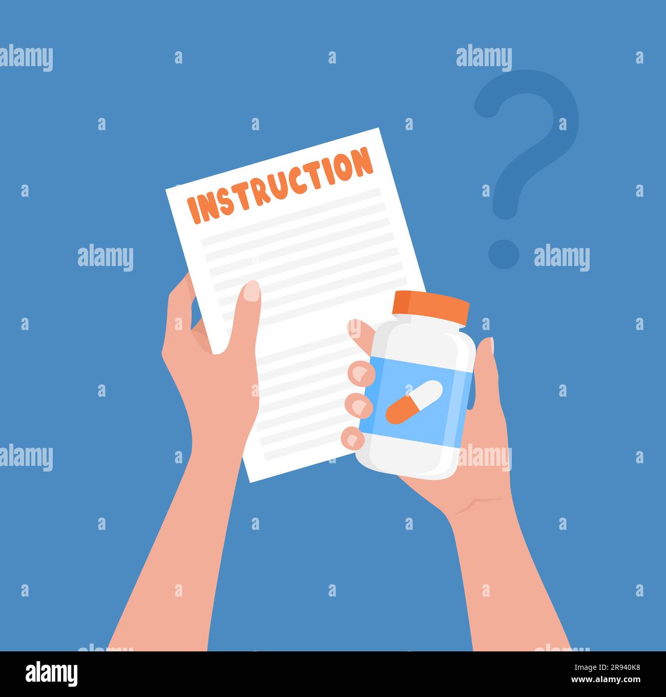 Hands holding paper instruction and a jar with medicine or vitamins