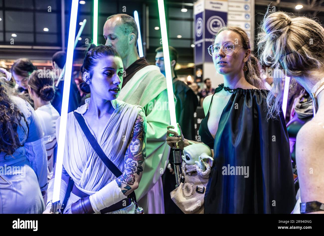 UTRECHT - Visitors in cosplay costume during the Dutch Comic Con in the Jaarbeurs. Dutch Comic Con is an annual event dedicated to comic books, films, series, video games and costumes of pop culture characters. ANP EVA PLEVIER netherlands out - belgium out Stock Photo