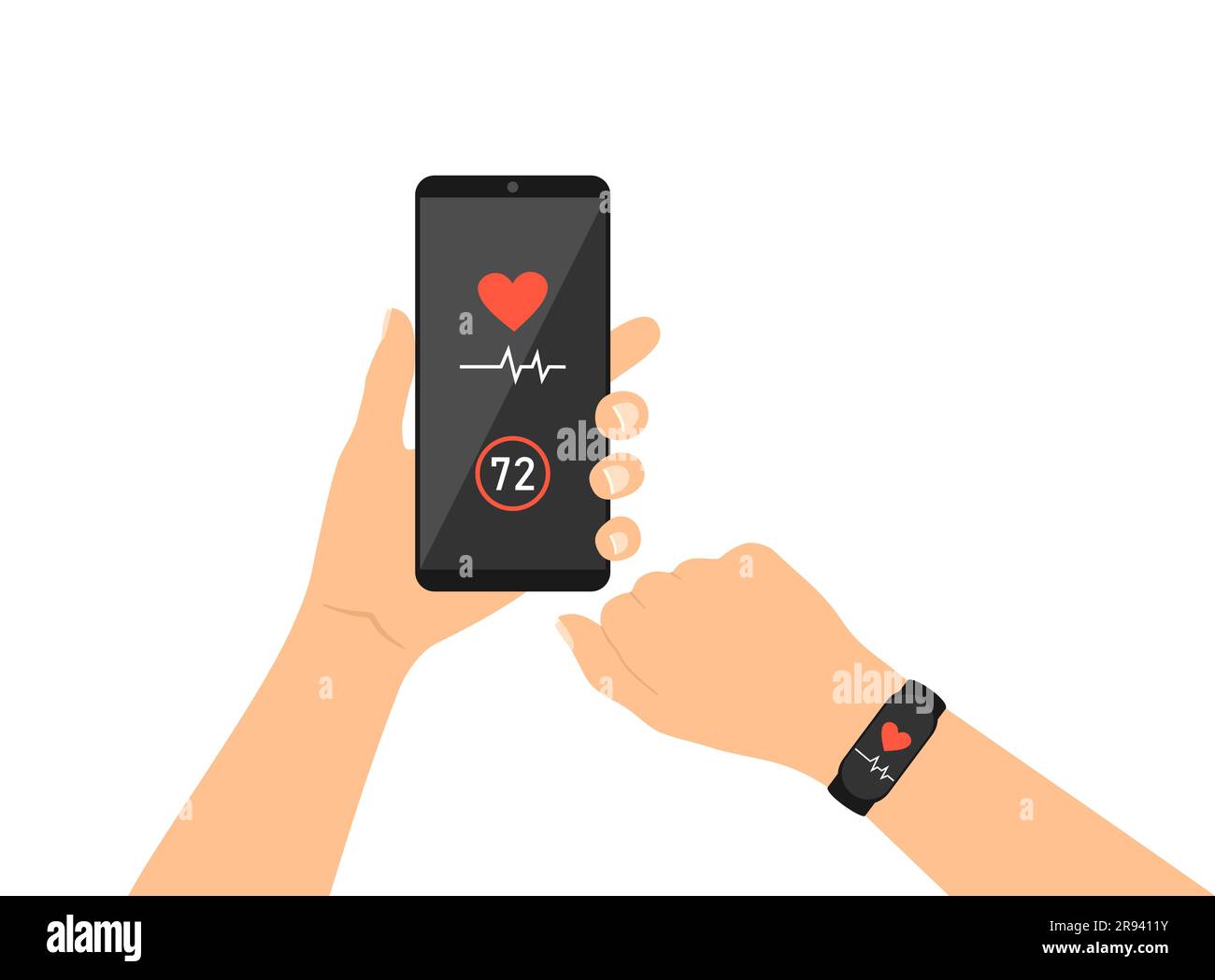 Monitoring heart rate with a fitness bracelet and a phone app. Hands with phone and fitness tracker on a white background Stock Vector
