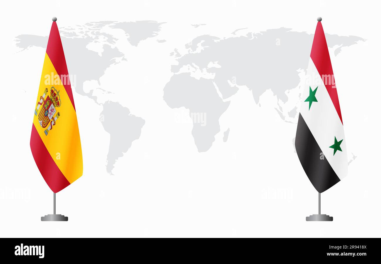 Spain and Syria flags for official meeting against background of world map. Stock Vector