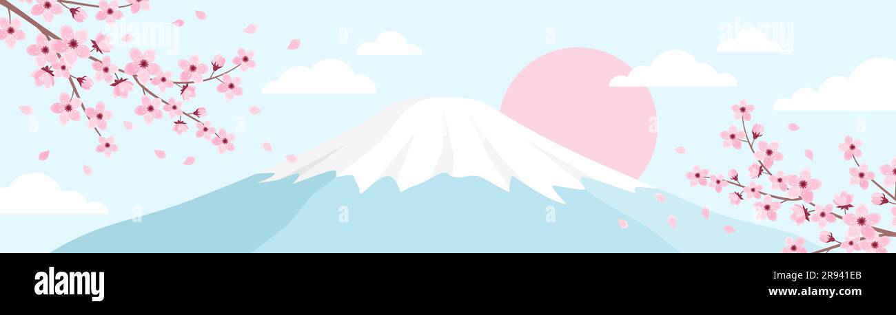 Landscape with pink cherry blossom, a mountain with a snowy peak and the sun. Banner with sakura branches and Mount Fuji. Vector illustration Stock Vector