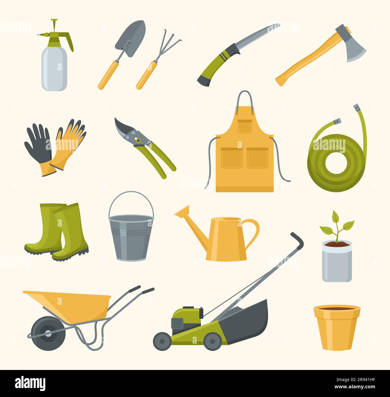 A set of garden tools. Gardening equipment and clothing. Vector illustration in flat style Stock Vector