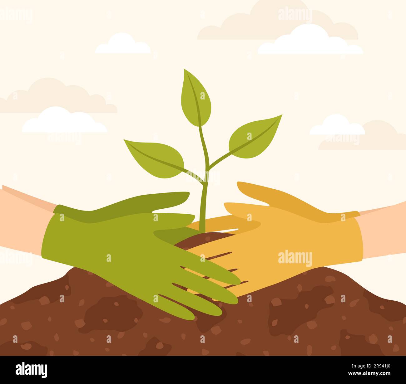 Two pairs of hands in green and yellow rubber gloves planting a seedling in the ground. Vector illustration in flat style Stock Vector