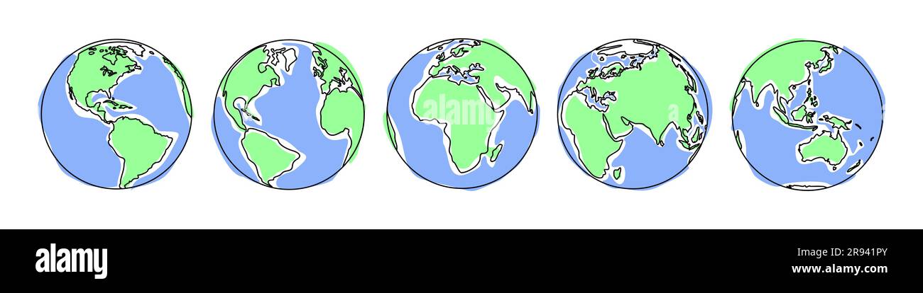 Earth icons set. Earth globe with the contours of the continents from different sides Stock Vector