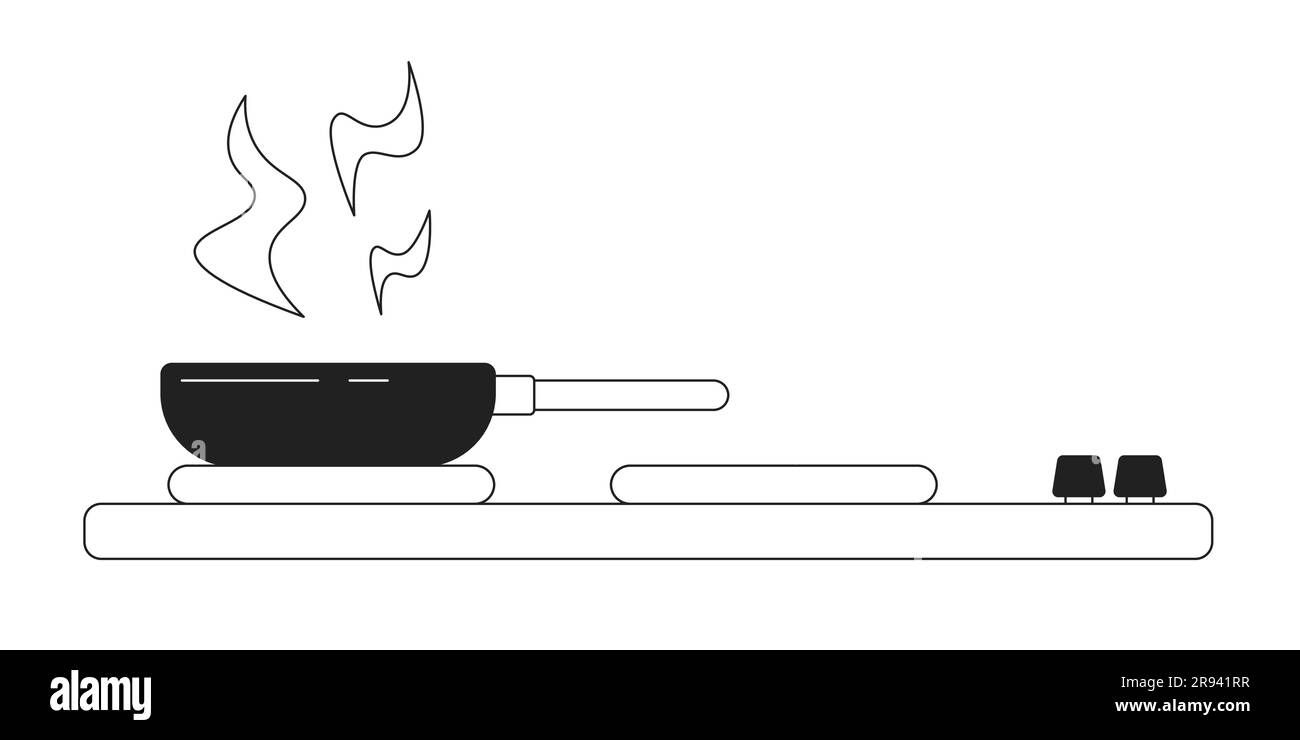 Frying pan on kitchen stove monochrome flat vector object Stock Vector